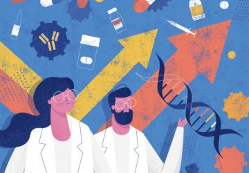 Flat vector textured illustration representing male and female scientist and concept of increasing pharmacogenomics researches.