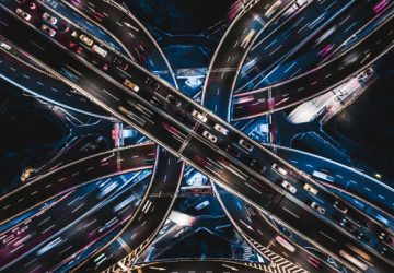 Aerial View of Overpass and City Traffic at Night / Shanghai, China