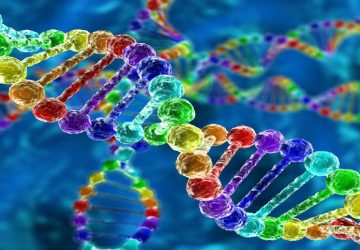 Illustration of rainbow DNA (deoxyribonucleic acid) with defocus on background